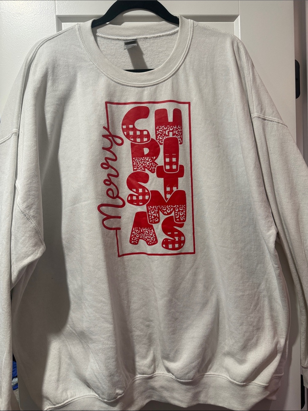 Gildan White Crewneck Sweatshirt with Red "Merry" Graphic